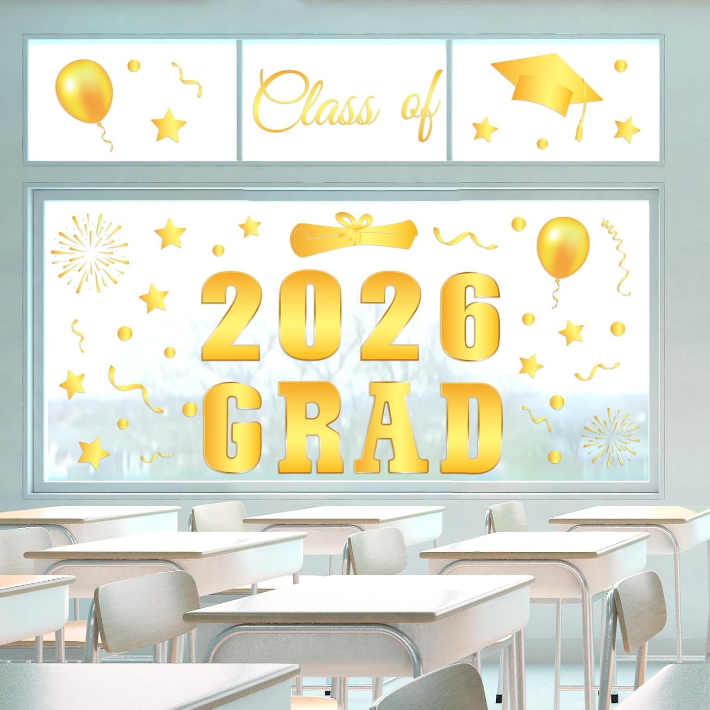 Whaline Graduation Window Clings - Class of 2026 Gold Foil Congrats Grad Decals | Reusable Home & Classroom Decor