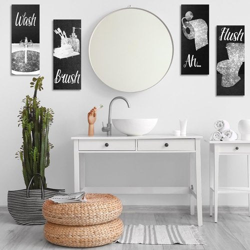 Chinco Funny Bathroom Wall Art | 4-Piece Modern Decor Set | Glam Wood Hanging Decorations (Black & White)