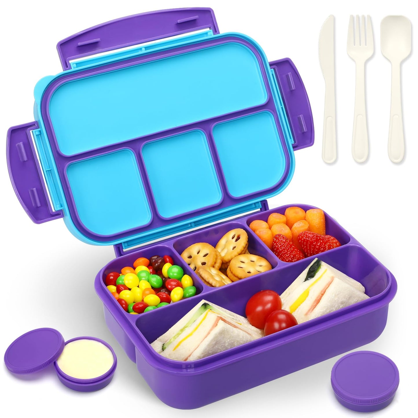 danliar Bento Lunch Box for Kids, 5.5 Cups Bento Box Adult with 2 Sauce Jars, Leakproof 4-Compartment Lunch Containers, Utensil Set, Ideal for School & On-the-Go, BPA-Free (Purple)