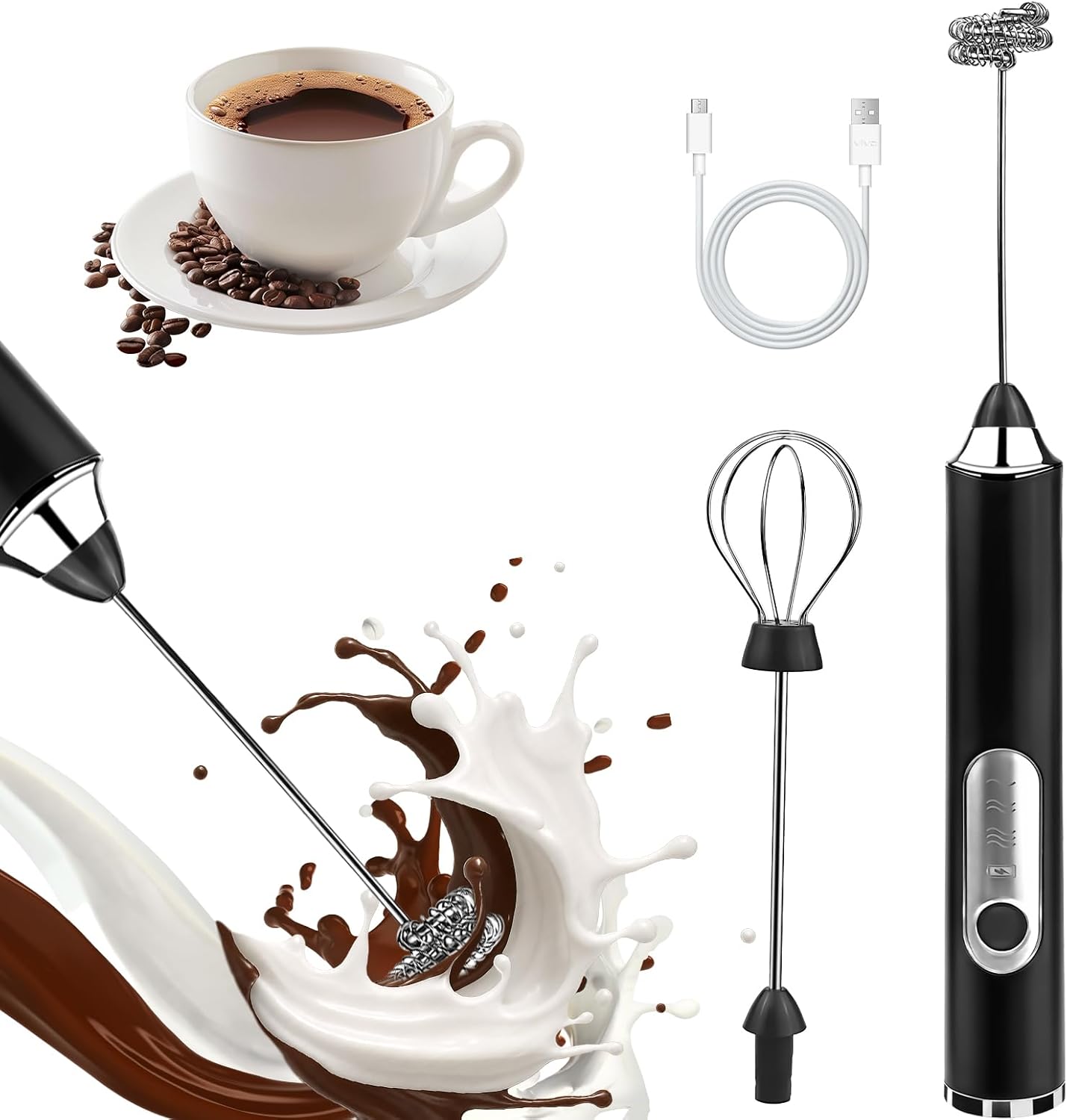 Skiennix Handheld Milk Frother - Rechargeable Electric Drink Mixer with 2 Whisks & 3 Speeds | Black