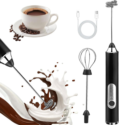 Skiennix Handheld Milk Frother - Rechargeable Electric Drink Mixer with 2 Whisks & 3 Speeds | Black