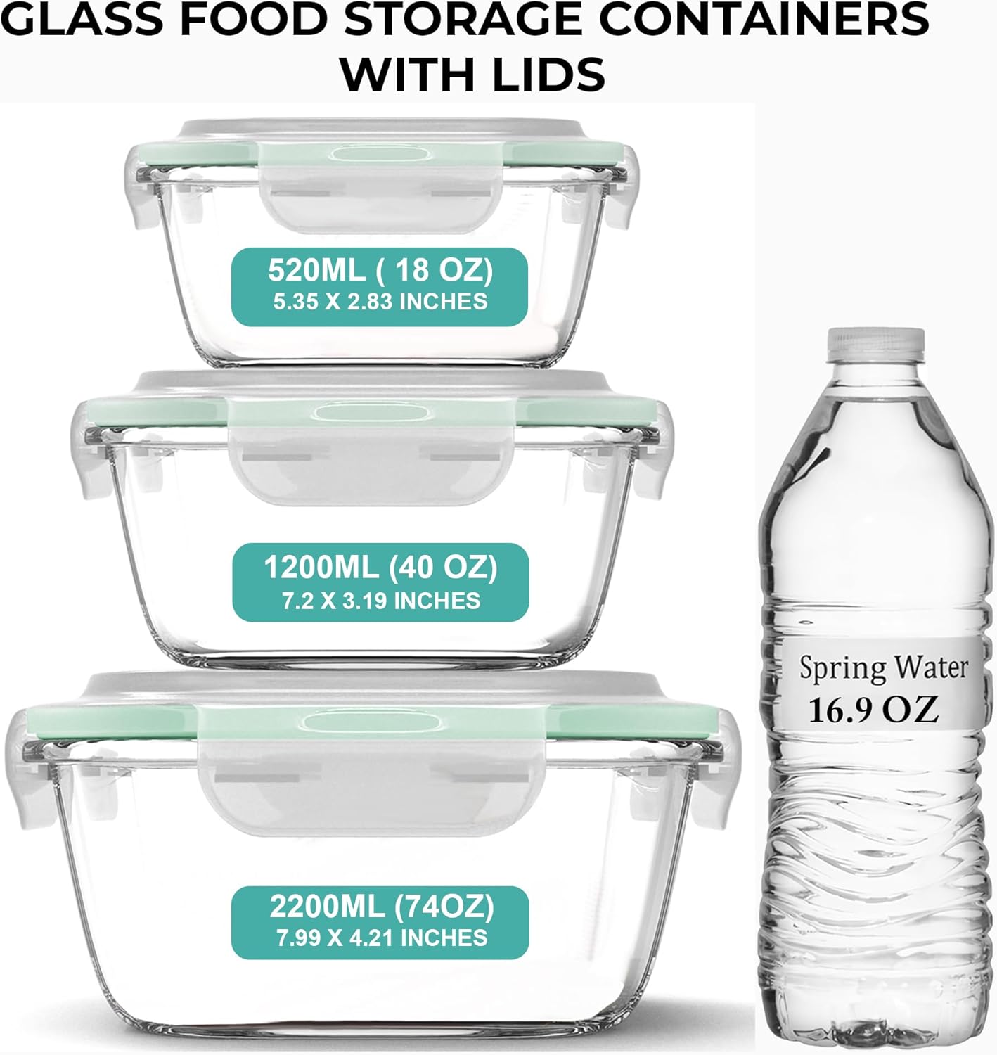 Razab Glass Food Storage Containers Set - 6 PC Airtight Lids, 74/40/18 oz | Reusable Meal Prep, Oven & Dishwasher Safe