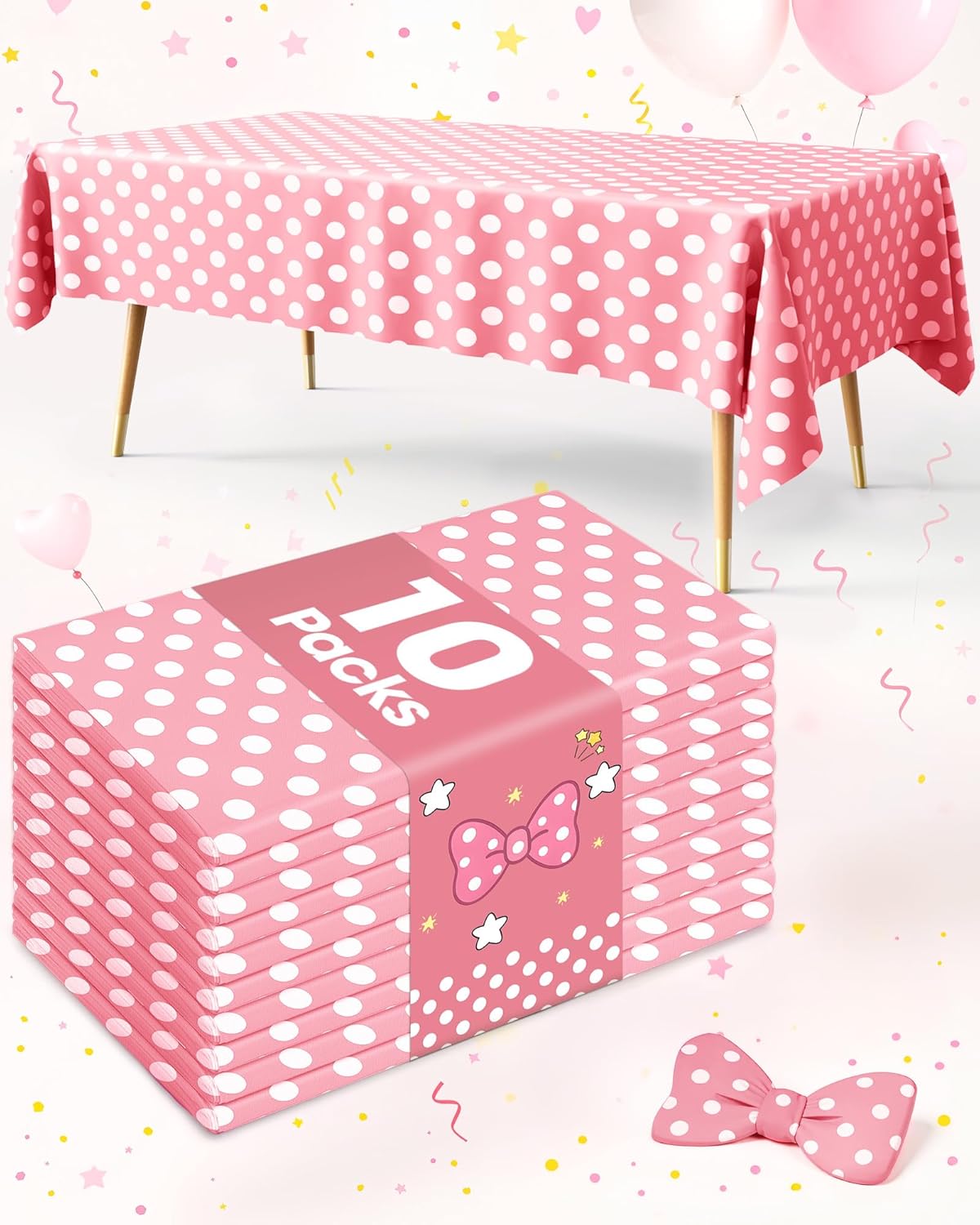 Pureegg Disposable Plastic Tablecloths - 10 Pack, 54 x 108 Inch, Sturdy Pink Polka Dot for Parties & Events