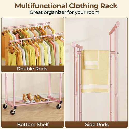 HYSEYY Double Rod Clothes Rack - Sturdy Portable Metal Garment Rack for Bedroom & Laundry | Pink