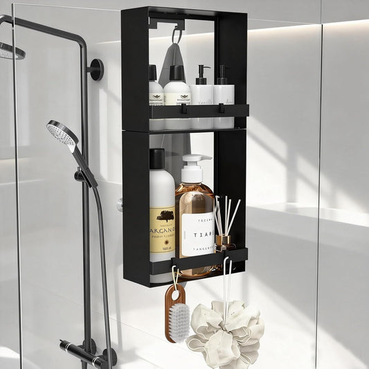 Skiennix Over The Glass Shower Caddy - 2-Tier Rustproof Stainless Steel Organizer | Black with Hooks & Suction Cups