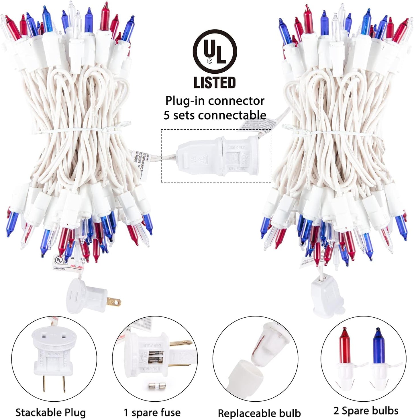 Patriotic Mini Lights - 100 Count Waterproof String Lights for 4th of July | Red, White & Blue