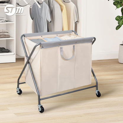 Storage Maniac 160L Collapsible Laundry Hamper - Heavy-Duty Rolling Basket with Removable Bag | 3-Section Organizer