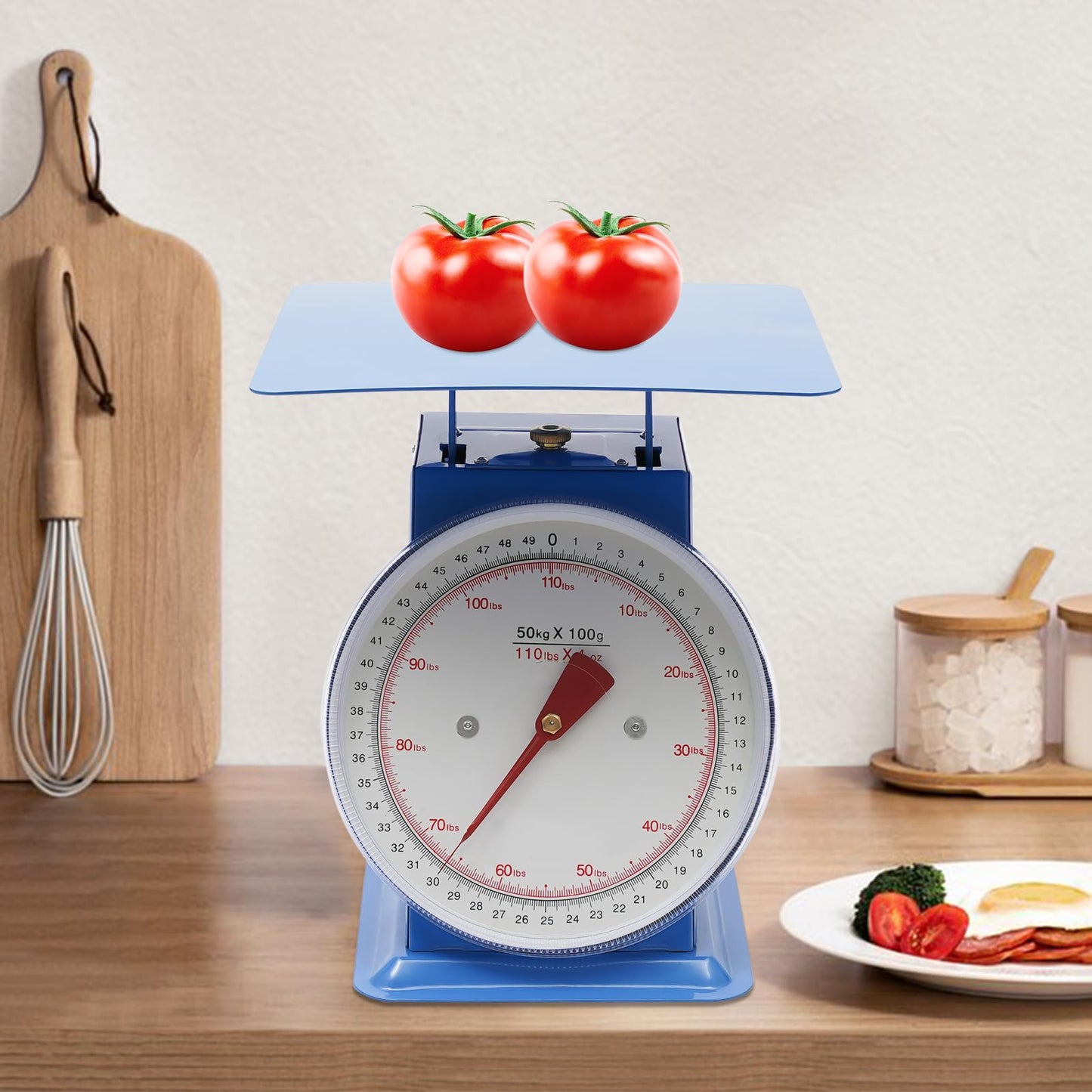 Mechanical Kitchen Scale, 110lbs Stainless Steel Mechanical Dial Scale Flat Platform Weighing Food Scale Heavy Duty Portion-Control Mechanical Scale Food Weight Scale for Kitchen