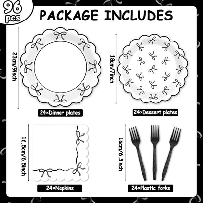 Skiennix 96-Piece Black & White Bow Party Decorations - Elegant Tableware for Birthdays & Showers, Serves 24