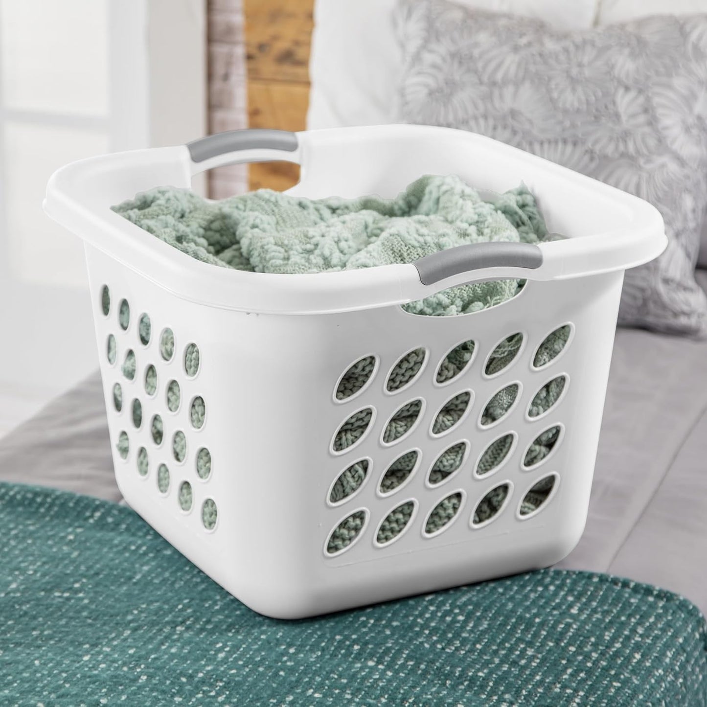 Skiennix Square Laundry Basket - Durable Plastic Hamper in White | 1.5 Bushel Capacity