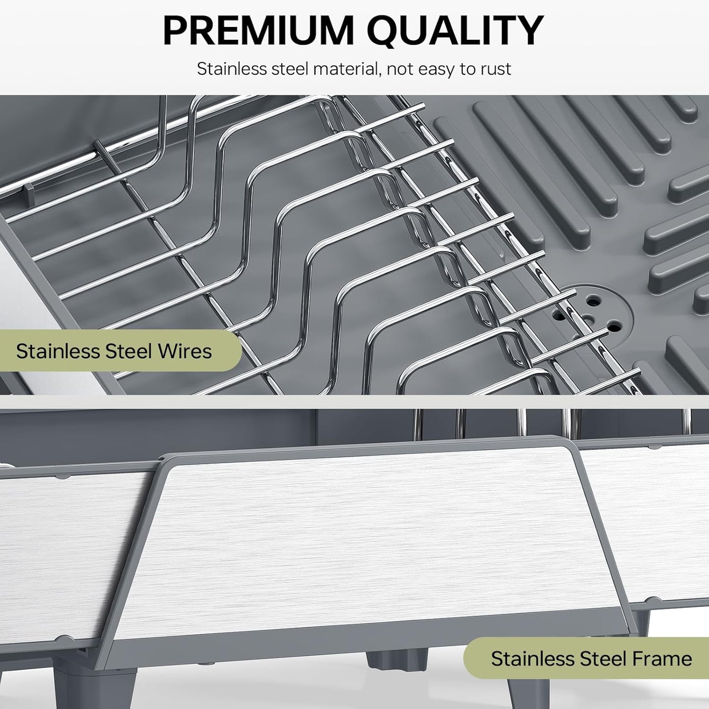 Skiennix Large Dish Drying Rack - Triple Expandable Stainless Steel Kitchen Organizer | Gray with Utensil & Pans Holder