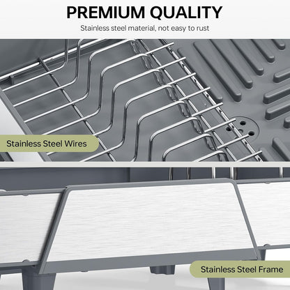 Skiennix Large Dish Drying Rack - Triple Expandable Stainless Steel Kitchen Organizer | Gray with Utensil & Pans Holder
