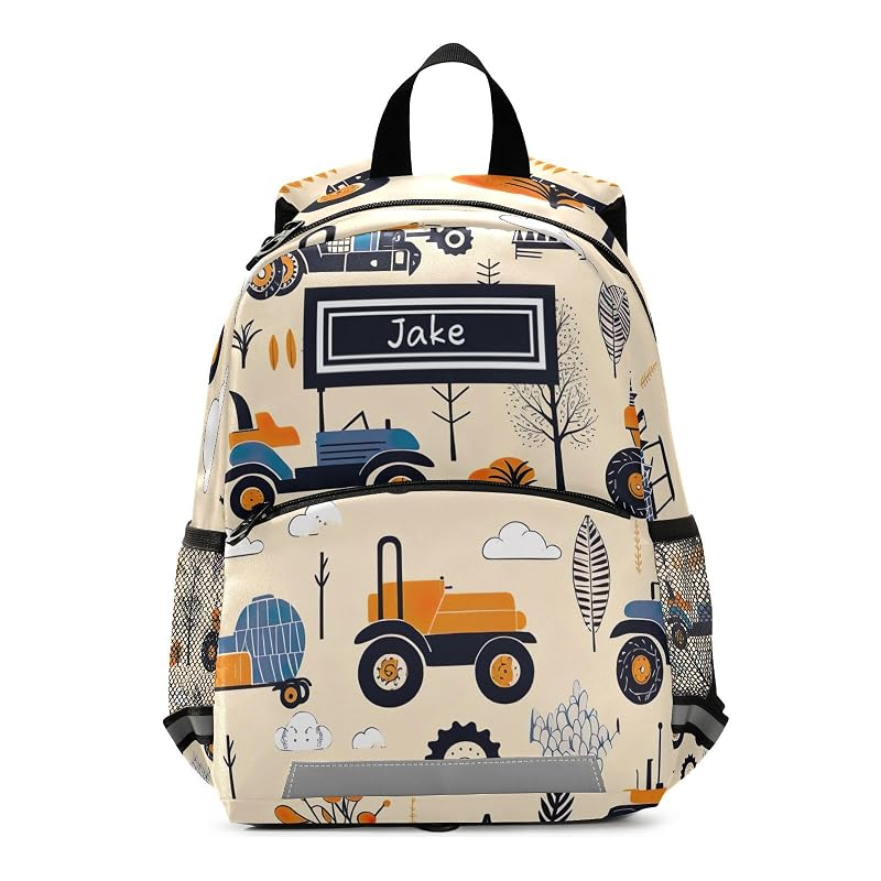 Custom Boys Backpack with Personalized Name - Cute Tractors Beige Schoolbag (Variation: Cute Tractors Beige)