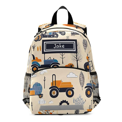 Custom Boys Backpack with Personalized Name - Cute Tractors Beige Schoolbag (Variation: Cute Tractors Beige)