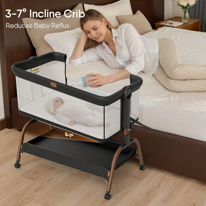 Skiennix Baby Bassinet - 3-in-1 Bedside Sleeper with Mattress & Breathable Sheet | Adjustable Height, Full-Mesh Sides