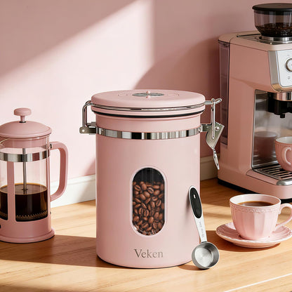 Veken Coffee Canister - Airtight Stainless Steel Container with Window | 22oz Pink for Grounds, Beans & Tea