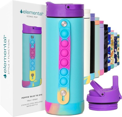 Elemental Iconic Kids Water Bottle - Leak-Proof Stainless Steel with Straw Lid & Pop It Handle, 14oz | Blue Tie Dye