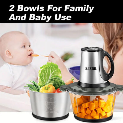 Skiennix 3-Speed Electric Food Processor - Versatile Meat Grinder & Vegetable Chopper | 300W, 2 Bowls (8 Cup Stainless Steel + 8 Cup Glass)