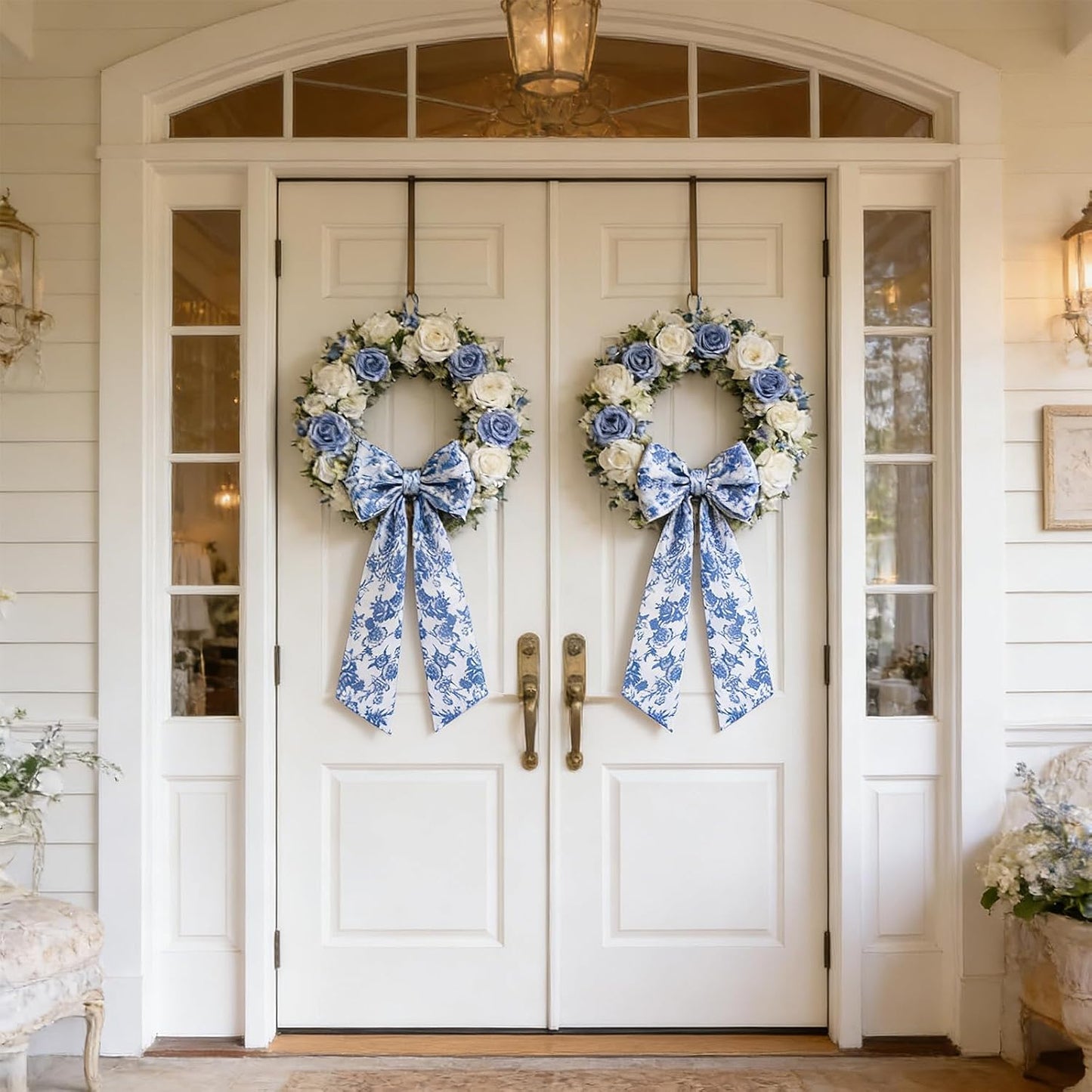 AZYM Wreath Sash Set - Romantic Blue Floral Ribbon for Front Door & Indoor Decor | 2 Pcs