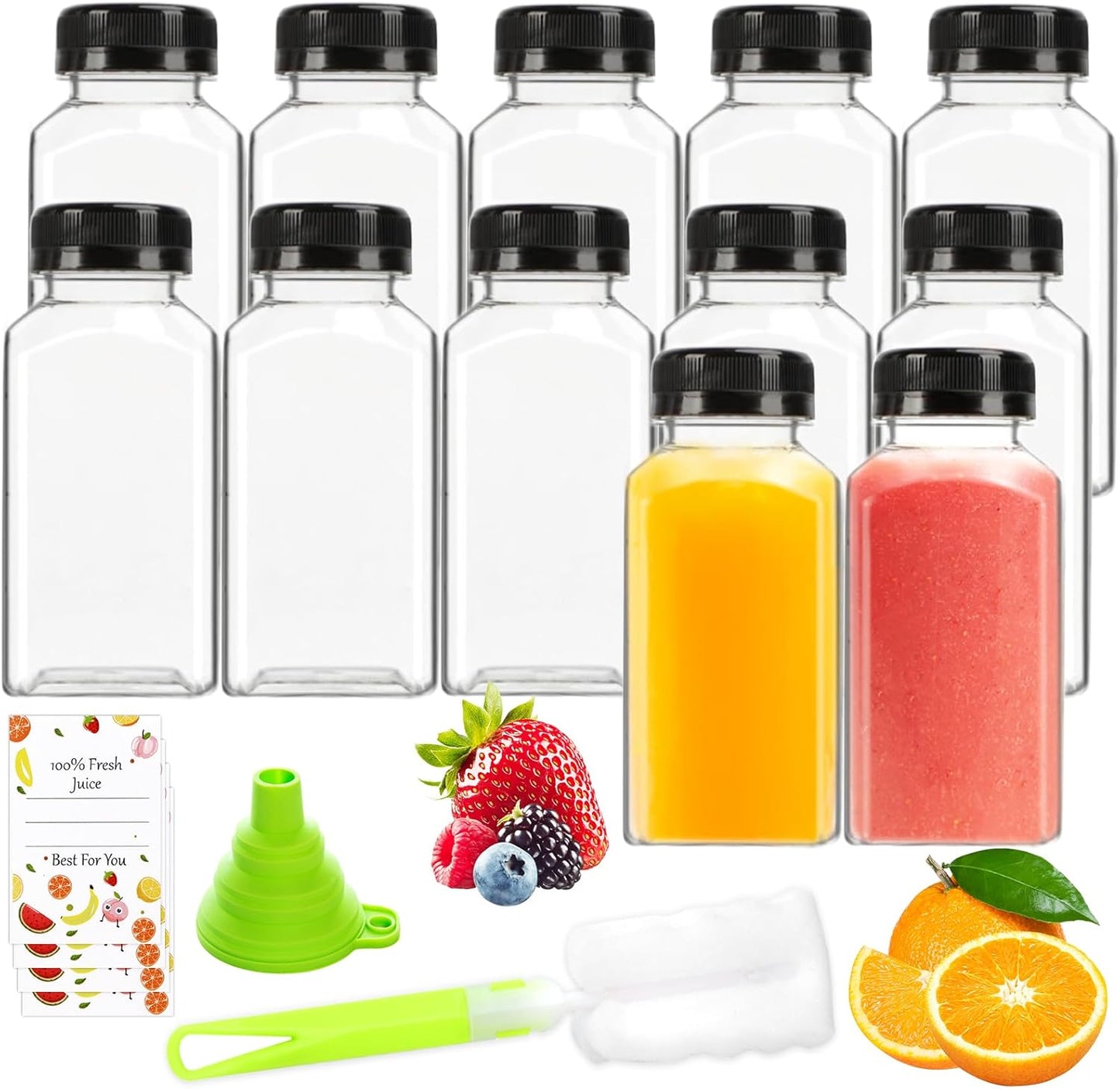 Skiennix Juice Bottles - 8oz Reusable Plastic Containers with Lids | 12-Pack for Juices, Smoothies & More