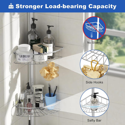 Skiennix Corner Shower Caddy - Aluminum Tension Pole Organizer with 4 Adjustable Rustproof Shelves | 47-121 Inch, No Drilling, Quick Installation