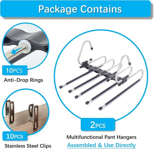 Magic Pants Hangers - Space-Saving 2-Pack Closet Organizer with 10 Metal Clips for Trousers & Scarves