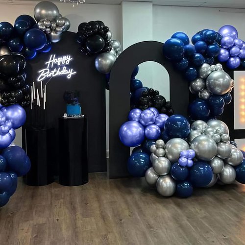 Blue & Black Balloons | Metallic Navy Blue & Silver Latex Balloons for Birthday Parties & Celebrations