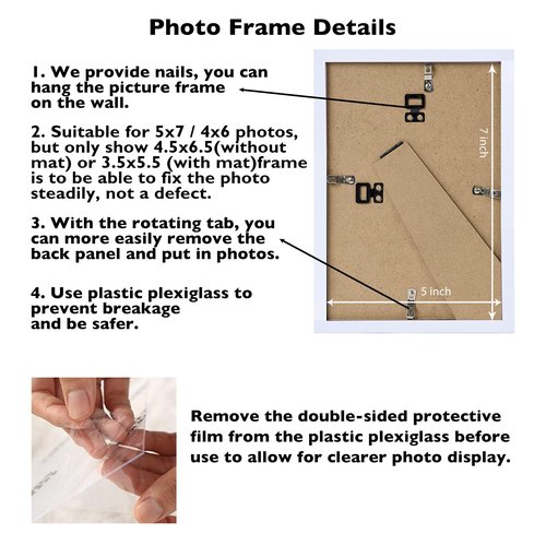 JCJMY 5x7 Picture Frame White with 4x6 Mat for Wall Hanging or Tabletop, Display Photo 4x6 with Mat or 5x7 Without Mat, 5 by 7 Wall Gallery Poster Photo Frame with Shatter Resistant Plexiglass, White