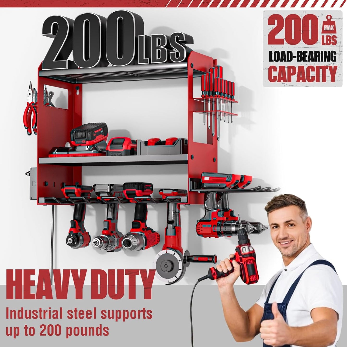 YYR Power Tool Organizer - Heavy-Duty Wall Mount with Charging Station & Battery Storage Rack - Red