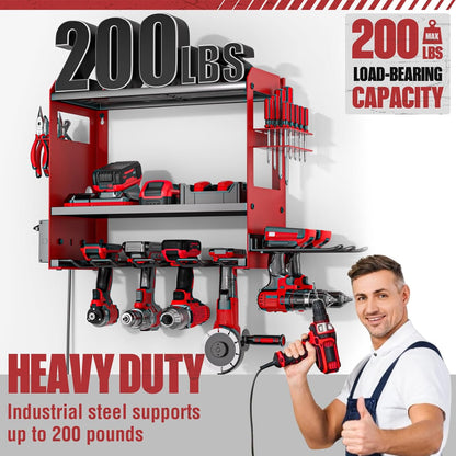 YYR Power Tool Organizer - Heavy-Duty Wall Mount with Charging Station & Battery Storage Rack - Red