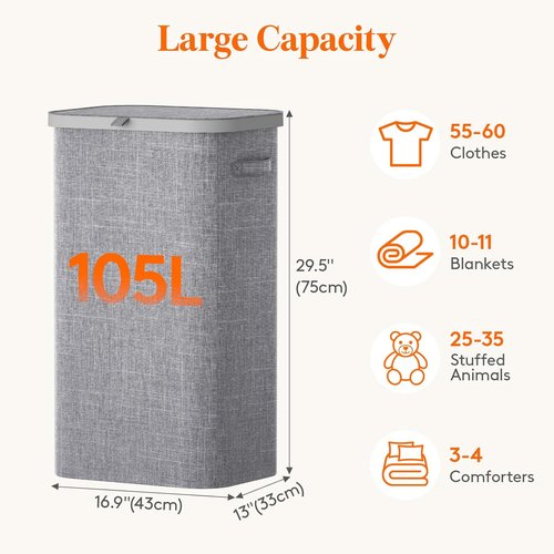 Lifewit 105L Large Laundry Basket - Foldable Hamper with Lid & Removable Bag | Light Gray
