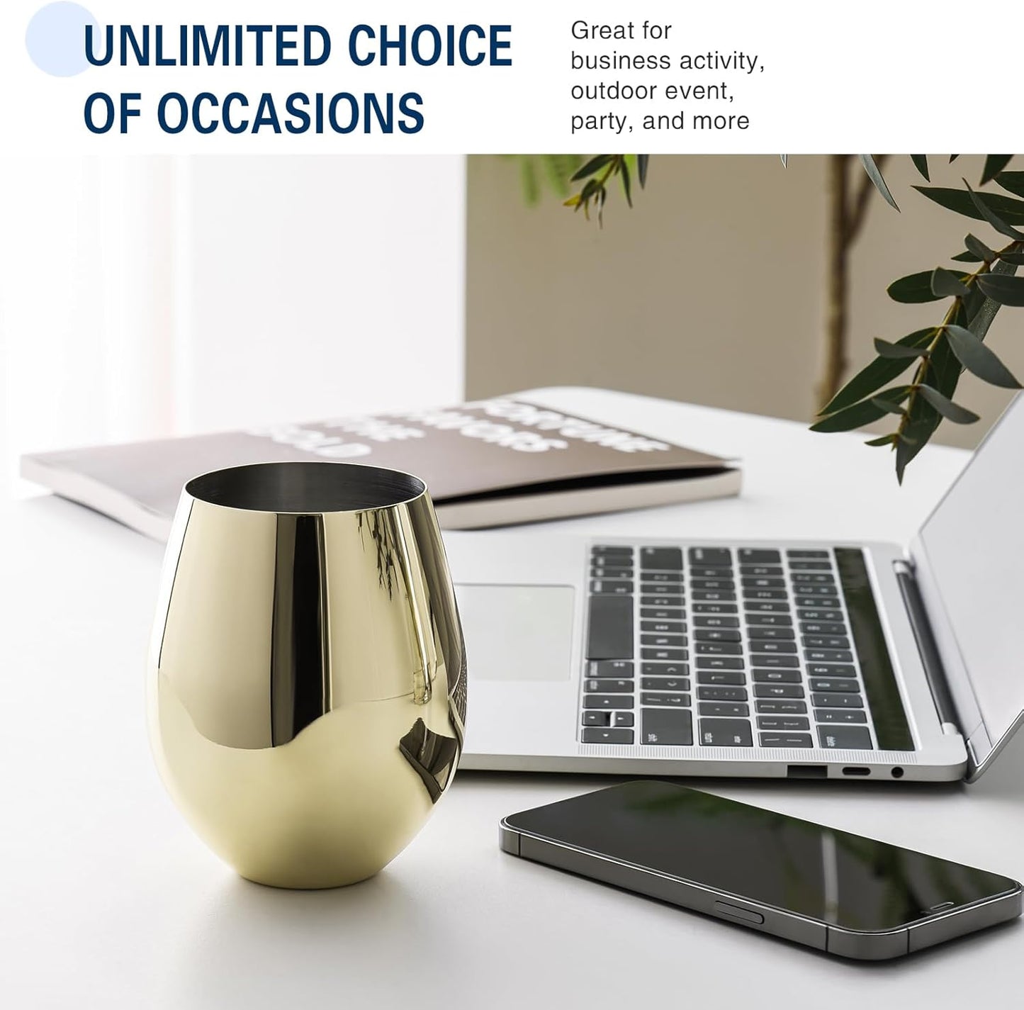 WOTOR Gold Wine Glasses Set of 4, 18oz Unbreakable Gold Goblet, Stemless Stainless Steel Wine Glass, Metal Wine Glass for Outdoor, Travel, Camping, Pool, Ideal Gift for Wine Lovers