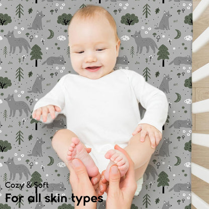 Yoofoss Fitted Pack and Play Sheets - Soft & Breathable Mini Crib Sheets 2-Pack in Gray-Green & Fox