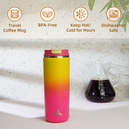 Skiennix 16 oz Insulated Travel Coffee Mug - Double Wall Stainless Steel Tumbler with Lid | Rainbow Design