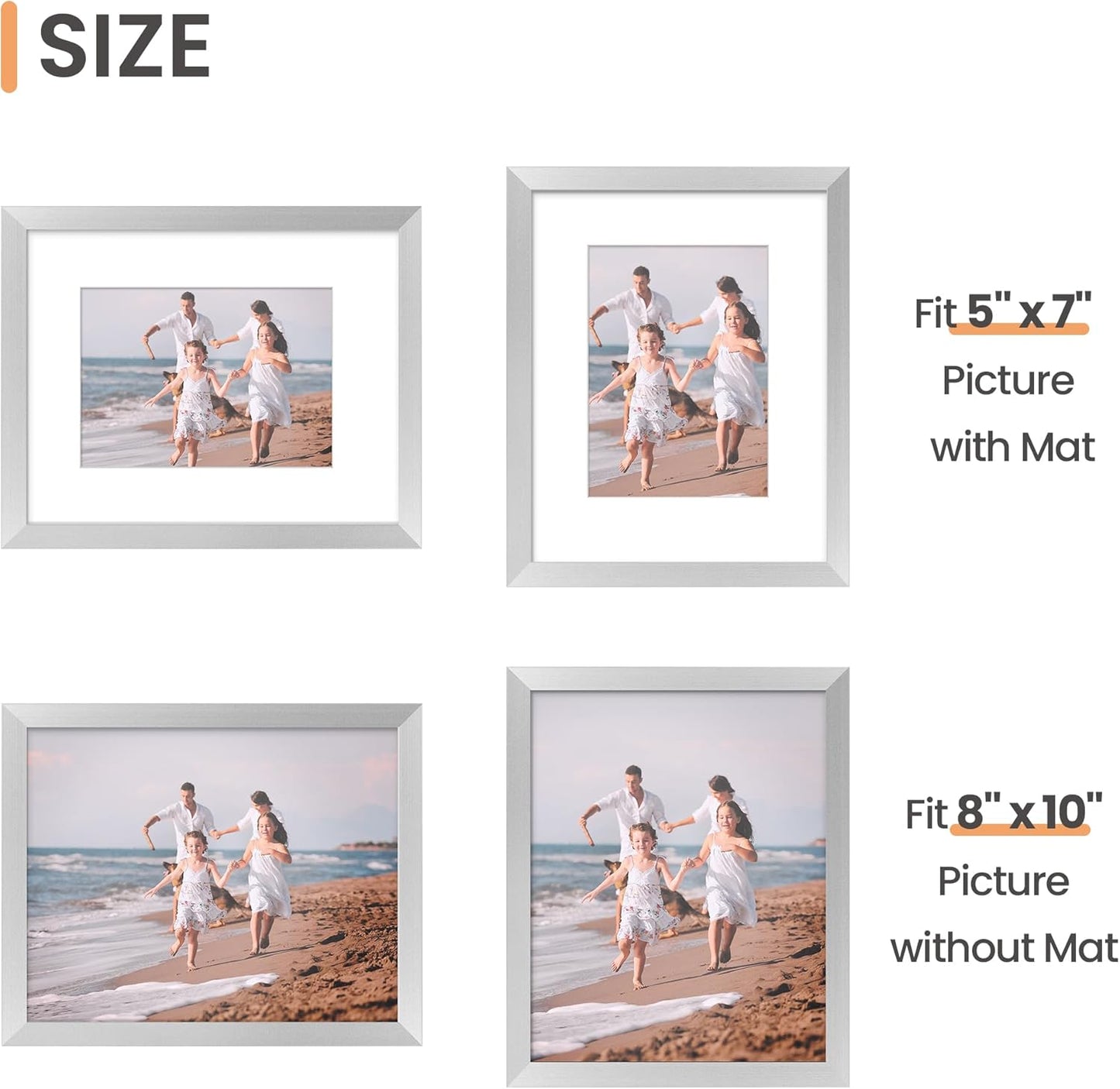 Upsimples 8x10 Picture Frame Set of 5 - Elegant Silver Frames for 5x7 or 8x10 Photos | Wall Gallery Display