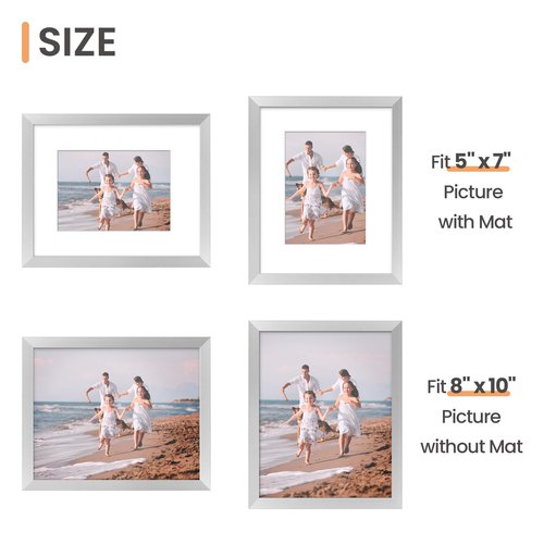 upsimples 8x10 Picture Frame Set of 5, Display Pictures 5x7 with Mat or 8 x 10 Withou, Wall Gallery Photo Frames, Silver