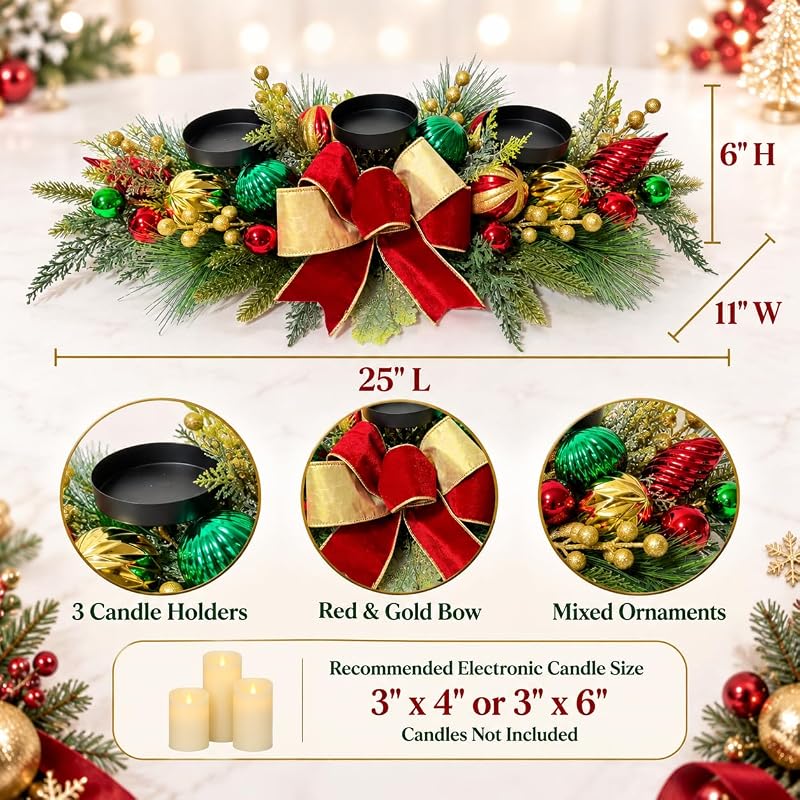 Christmas Candle Holder Centerpiece with 3 Candle Holders and Red Bow