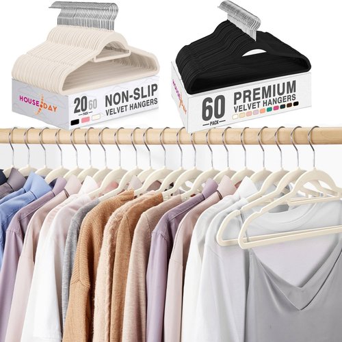 HOUSE DAY Black Velvet Hangers - 60 Pack with Tie Bar | Ivory Velvet Hangers - 20 Pack