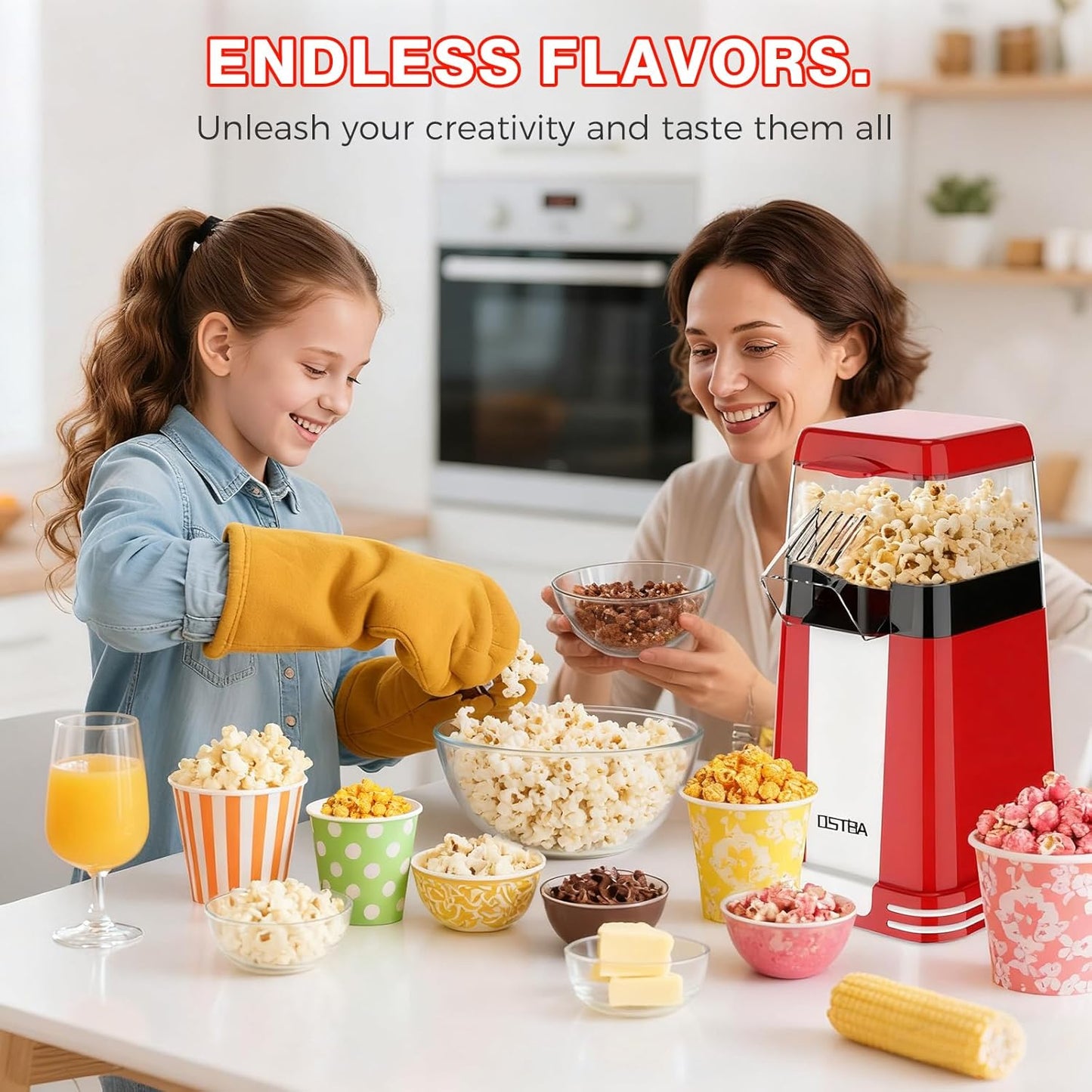 OSTBA Popcorn Maker - 1200W Mini Retro Air Popper with Butter Tray | Oil-Free, Compact Design for Home & Gifts