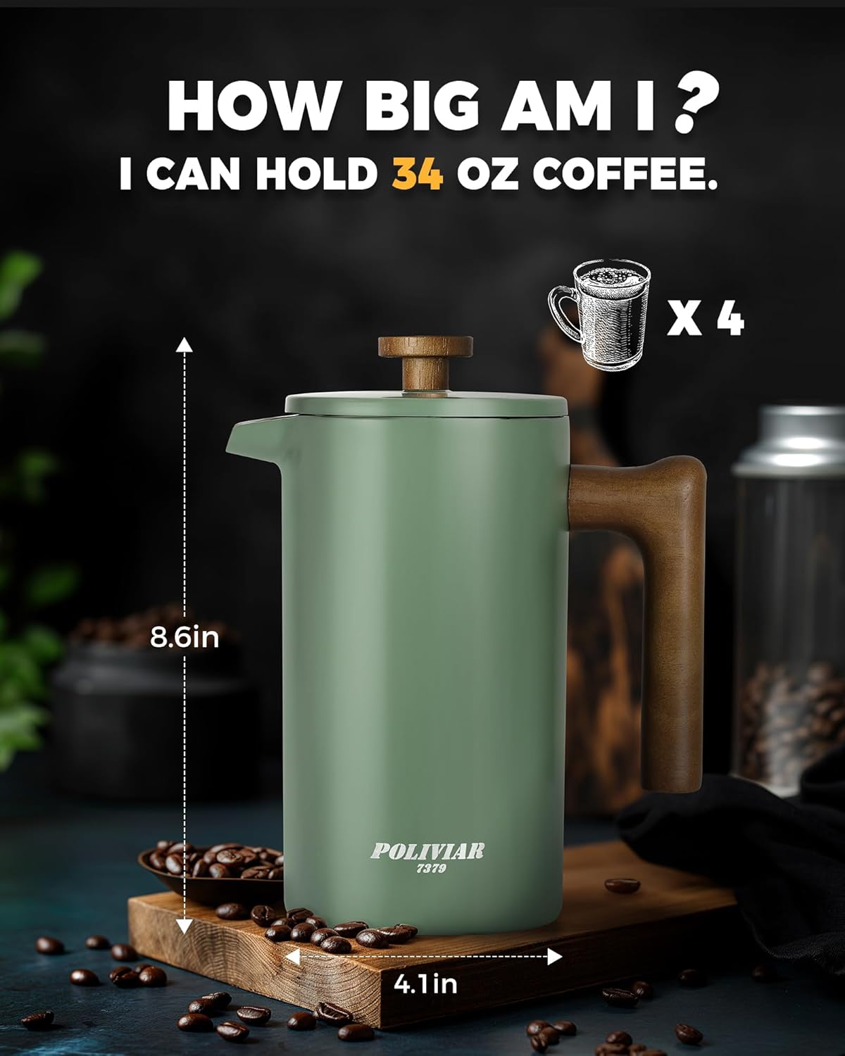POLIVIAR French Press Coffee Maker - 34 oz Stainless Steel with Real Wood Handle & Double Wall Insulation