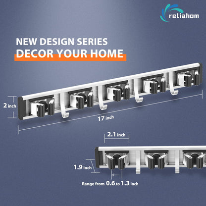 Reliahom Broom Holder Wall Mount - 5 Racks & 4 Hooks for Organized Garage, Kitchen & Garden Storage