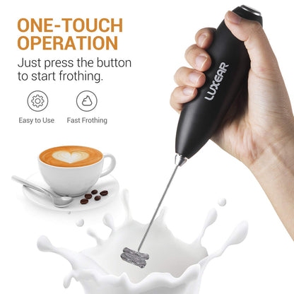 LUXEAR One Touch Milk Frother Handheld, Battery Operated Electric Hand Foamer Blender for Lattes, Whisk Drink Mixer for Coffee, Cappuccino, Frappe, Hot Chocolate with Stainless Steel Stand - Black