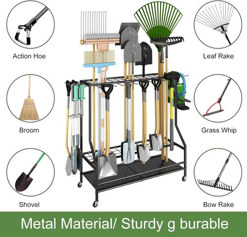 GILLAS Garden Tool Organizer - Sturdy Metal Storage Rack with Hooks for Long-Handled Tools | Black