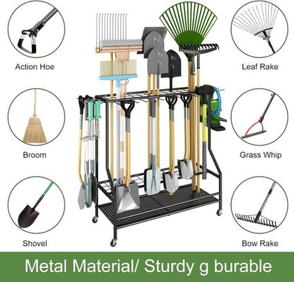 GILLAS Garden Tool Organizer - Sturdy Metal Storage Rack with Hooks for Long-Handled Tools | Black