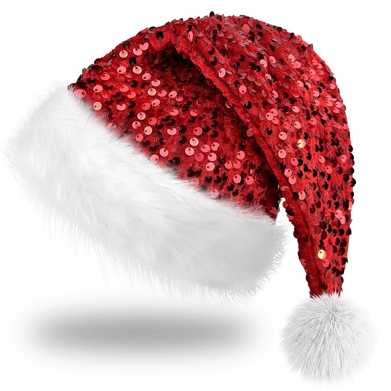 Dolkoic Red Sequin Santa Hat for Adults - Plush Christmas Party Hat