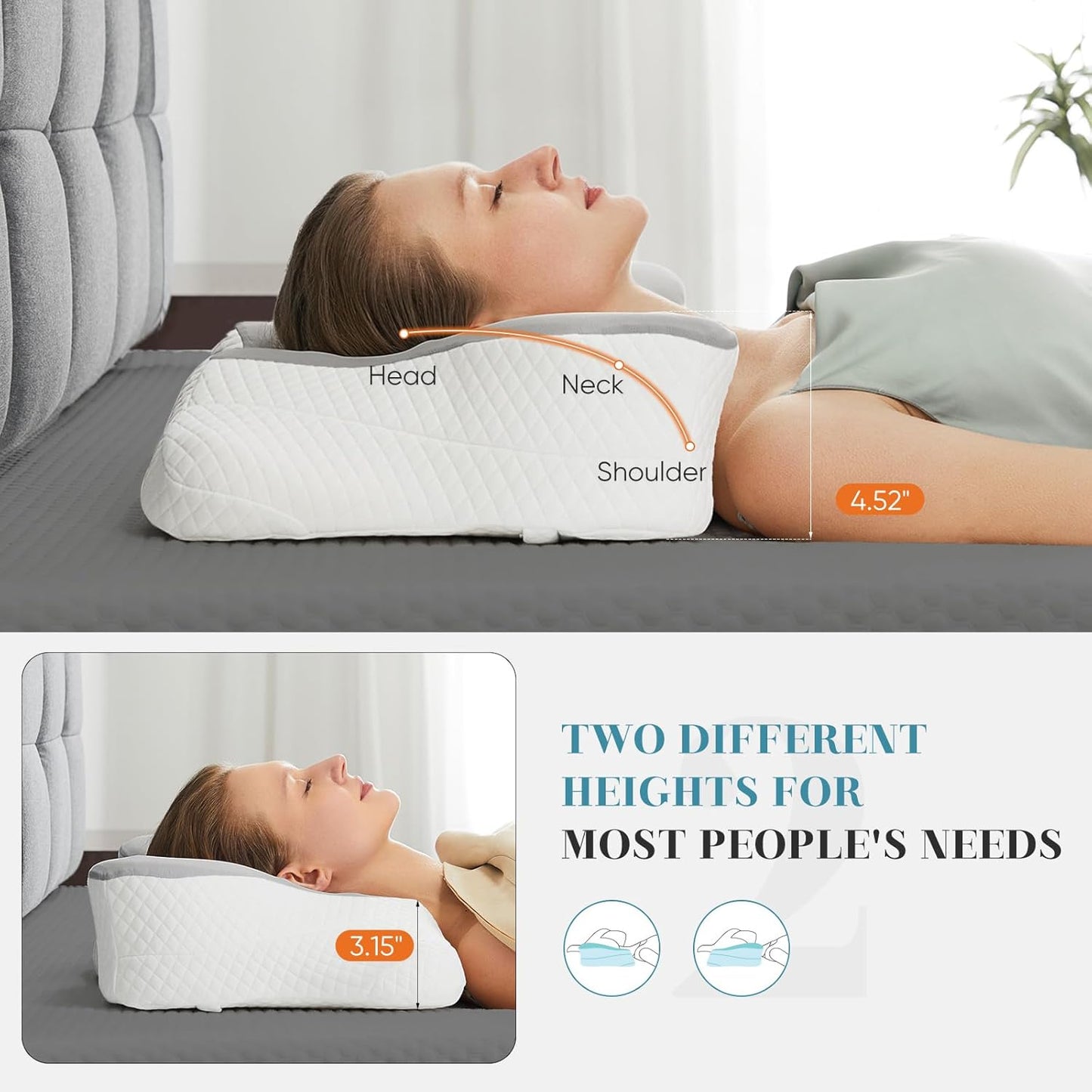 Sweetcrispy Cervical Pillow - Ergonomic Memory Foam Neck Support for Side Sleepers | Cooling Design, Grey