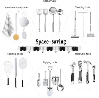AceMining Wall Mounted Broom and Mop Holder - 3 Pack Heavy Duty Stainless Steel Organizer with 4 Hooks