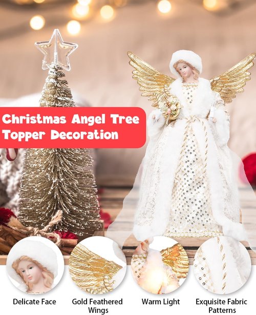 Bdor 14-Inch Christmas Tree Topper Angel - Lighted Golden Wings & Elegant White Gold Design for Holiday Décor