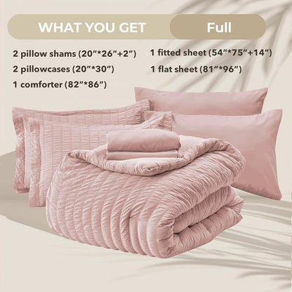 HYMOKEGE Rose Gold Comforter Set - Luxurious 7-Piece All-Season Bedding in Seersucker Design