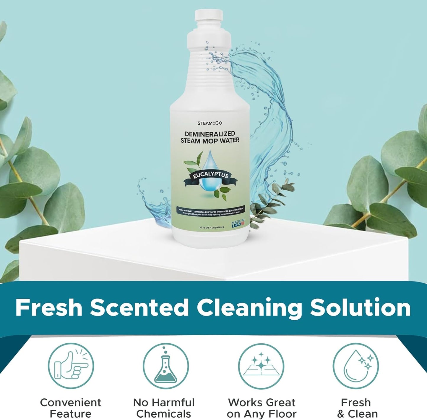 Steam & Go Demineralized Water - Ready-to-Use Eucalyptus Mint Cleaner for Steam Mops | 32 oz